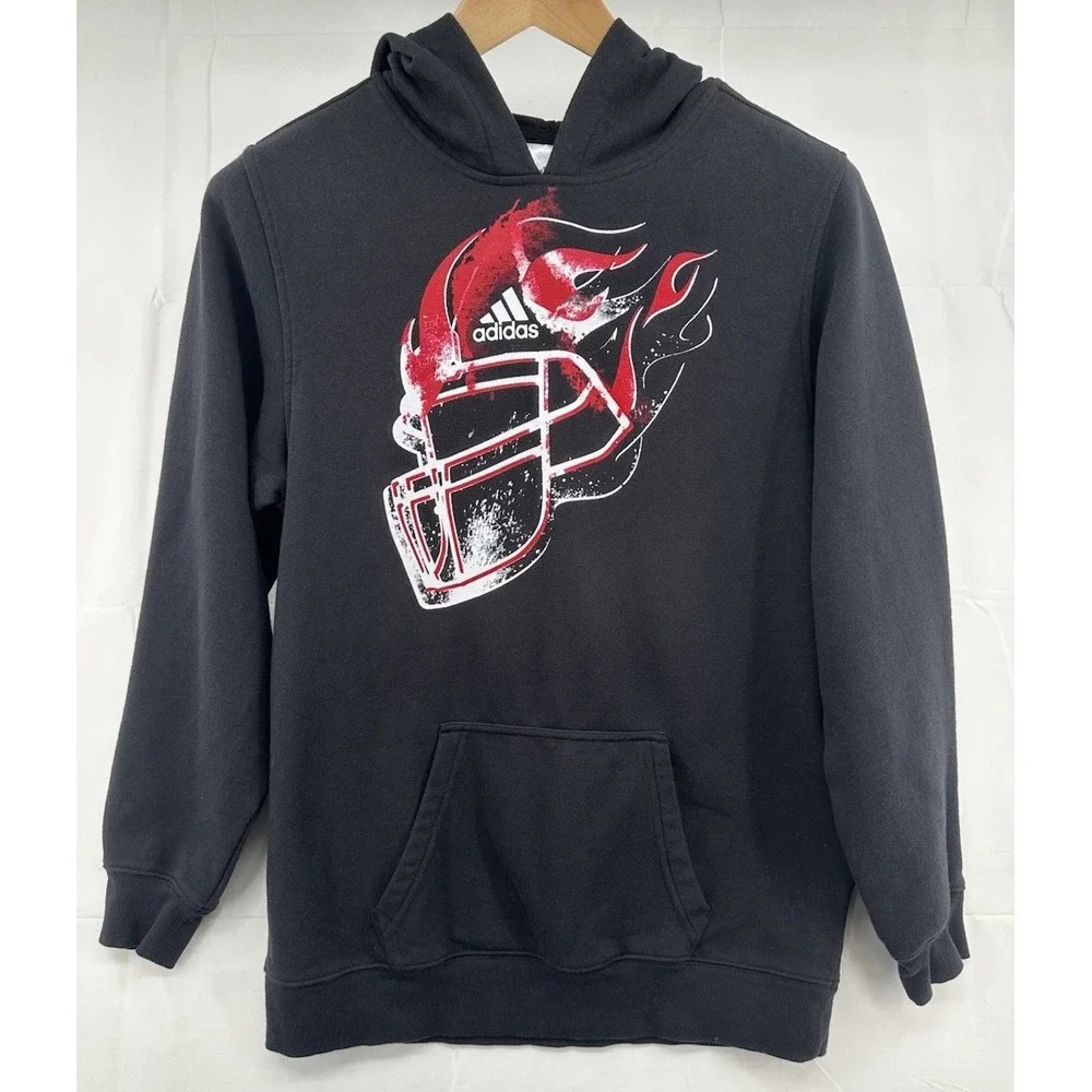 Adidas Men's Black Hoodie Sweatshirt Football Helmet Flames‎ Pocket Size Large